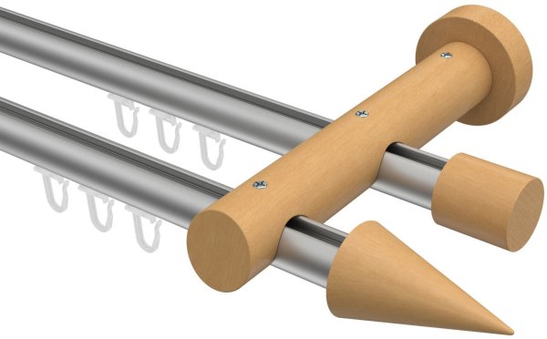 Innenlauf Gardinenstange Aluminium / Holz 20 mm Ø 2-läufig TALENT - Siveo Silbergrau / Buche lackiert 100 cm