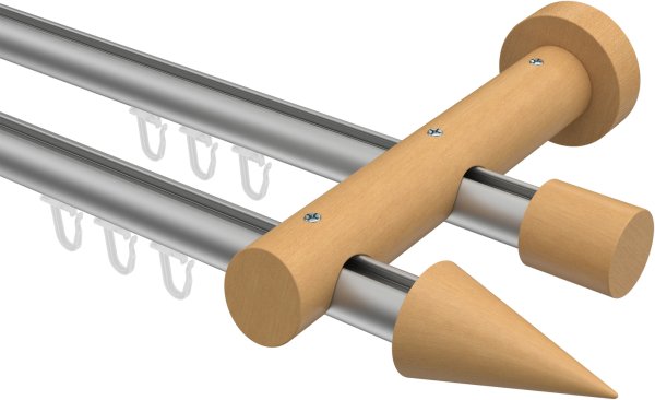 Innenlauf Gardinenstange Aluminium / Holz 20 mm Ø 2-läufig TALENT - Siveo Silbergrau / Buche lackiert 100 cm