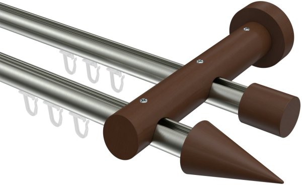 Innenlauf Gardinenstange Aluminium / Holz 20 mm Ø 2-läufig TALENT - Siveo Edelstahl-Optik / Nussbaum lackiert 100 cm