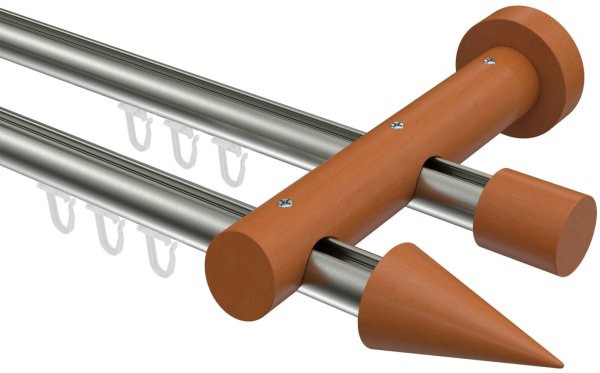 Innenlauf Gardinenstange Aluminium / Holz 20 mm Ø 2-läufig TALENT - Siveo Edelstahl-Optik / Kirschbaum lackiert 100 cm