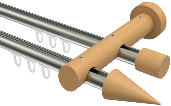 Innenlauf Gardinenstange Aluminium / Holz 20 mm Ø 2-läufig TALENT - Siveo Edelstahl-Optik / Buche lackiert 100 cm