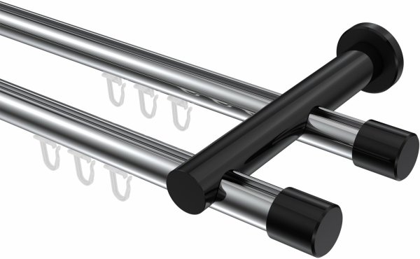 Innenlauf Gardinenstange Aluminium / Metall 20 mm Ø 2-läufig PLATON - Santo Chrom / Schwarz 160 cm