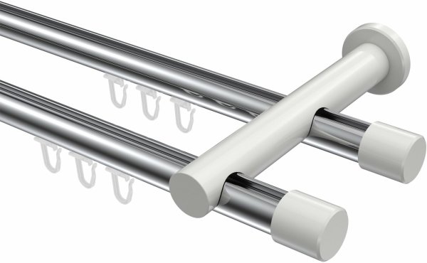 Innenlauf Gardinenstange Aluminium / Metall 20 mm Ø 2-läufig PLATON - Santo Chrom / Weiß 360 cm (2 x 180 cm)