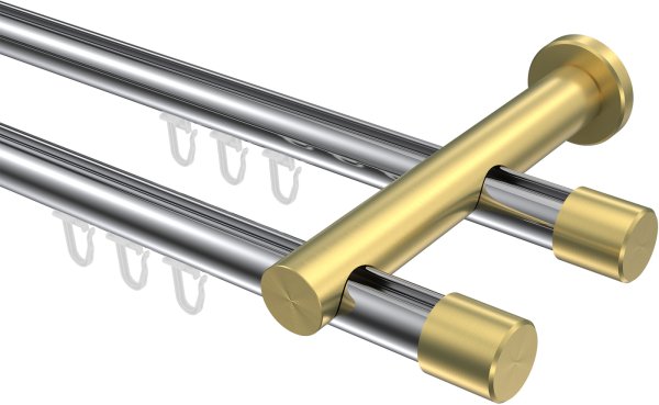 Innenlauf Gardinenstange Aluminium / Metall 20 mm Ø 2-läufig PLATON - Santo Chrom / Messing-Optik 100 cm