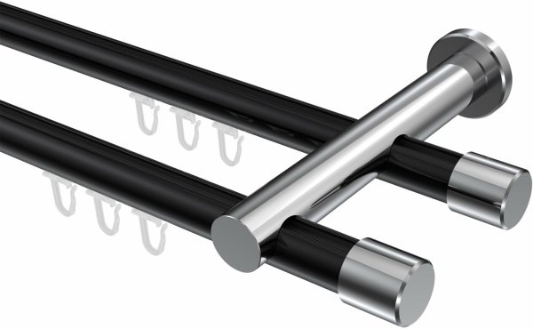 Innenlauf Gardinenstange Aluminium / Metall 20 mm Ø 2-läufig PLATON - Santo Schwarz / Chrom 100 cm