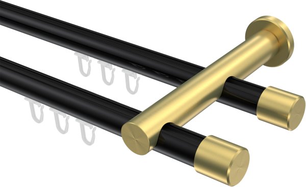Innenlauf Gardinenstange Aluminium / Metall 20 mm Ø 2-läufig PLATON - Santo Schwarz / Messing-Optik 100 cm