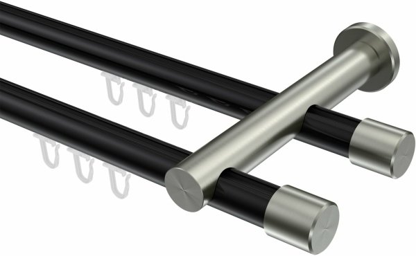 Innenlauf Gardinenstange Aluminium / Metall 20 mm Ø 2-läufig PLATON - Santo Schwarz / Edelstahl-Optik 100 cm