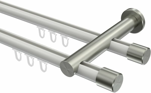 Innenlauf Gardinenstange Aluminium / Metall 20 mm Ø 2-läufig PLATON - Santo Weiß / Edelstahl-Optik 100 cm