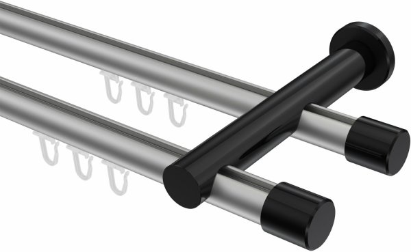 Innenlauf Gardinenstange Aluminium / Metall 20 mm Ø 2-läufig PLATON - Santo Silbergrau / Schwarz 100 cm