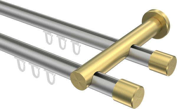Innenlauf Gardinenstange Aluminium / Metall 20 mm Ø 2-läufig PLATON - Santo Silbergrau / Messing-Optik 100 cm