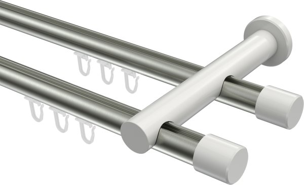 Innenlauf Gardinenstange Aluminium / Metall 20 mm Ø 2-läufig PLATON - Santo Edelstahl-Optik / Weiß 100 cm