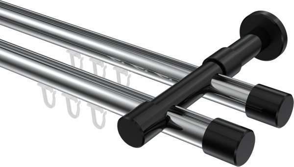 Innenlauf Gardinenstange Aluminium / Metall 20 mm Ø 2-läufig PRESTIGE - Santo Chrom / Schwarz 100 cm