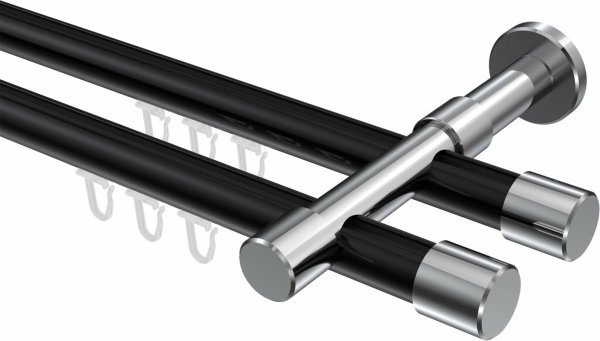 Innenlauf Gardinenstange Aluminium / Metall 20 mm Ø 2-läufig PRESTIGE - Santo Schwarz / Chrom 100 cm