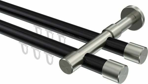 Innenlauf Gardinenstange Aluminium / Metall 20 mm Ø 2-läufig PRESTIGE - Santo Schwarz / Edelstahl-Optik 360 cm (2 x 180 cm)