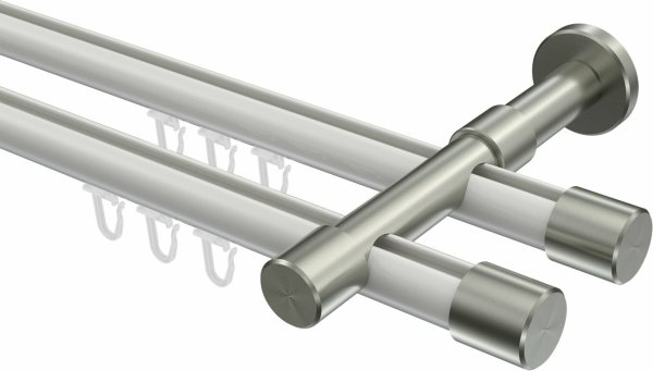 Innenlauf Gardinenstange Aluminium / Metall 20 mm Ø 2-läufig PRESTIGE - Santo Weiß / Edelstahl-Optik 100 cm