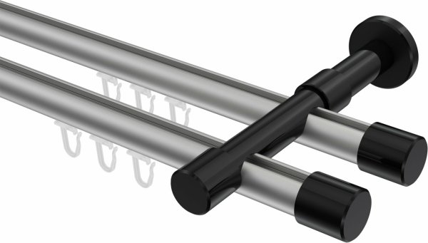 Innenlauf Gardinenstange Aluminium / Metall 20 mm Ø 2-läufig PRESTIGE - Santo Silbergrau / Schwarz 100 cm