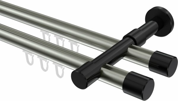Innenlauf Gardinenstange Aluminium / Metall 20 mm Ø 2-läufig PRESTIGE - Santo Edelstahl-Optik / Schwarz 100 cm