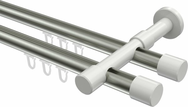 Innenlauf Gardinenstange Aluminium / Metall 20 mm Ø 2-läufig PRESTIGE - Santo Edelstahl-Optik / Weiß 320 cm (2 x 160 cm)