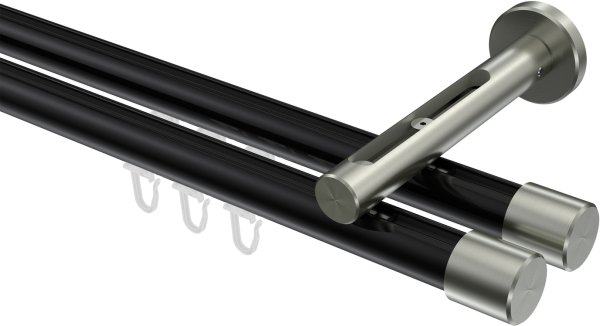 Innenlauf Gardinenstange Aluminium / Metall 20 mm Ø 2-läufig SITENO - Santo Schwarz / Edelstahl-Optik 100 cm