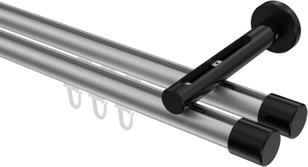 Innenlauf Gardinenstange Aluminium / Metall 20 mm Ø 2-läufig SITENO - Santo Silbergrau / Schwarz 100 cm