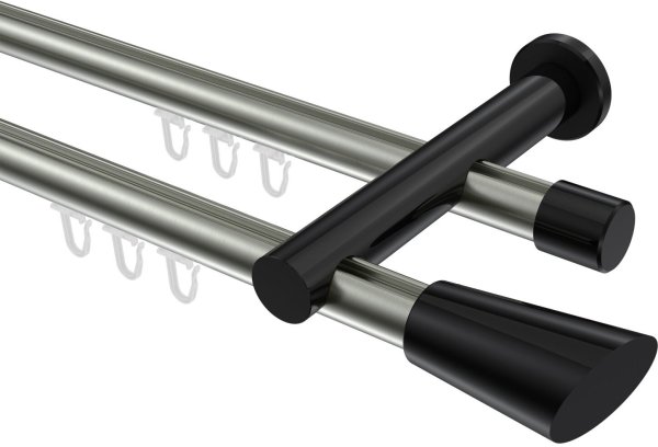 Innenlauf Gardinenstange Aluminium / Metall 20 mm Ø 2-läufig PLATON - Bento Edelstahl-Optik / Schwarz 100 cm