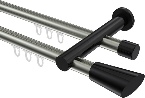 Innenlauf Gardinenstange Aluminium / Metall 20 mm Ø 2-läufig PLATON - Bento Edelstahl-Optik / Schwarz 100 cm