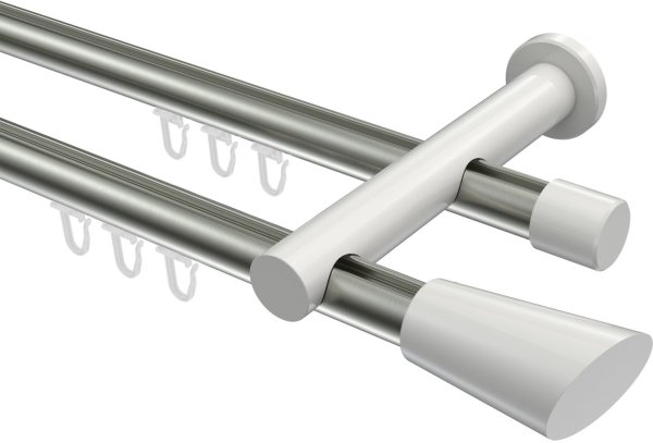 Innenlauf Gardinenstange Aluminium / Metall 20 mm Ø 2-läufig PLATON - Bento Edelstahl-Optik / Weiß 100 cm