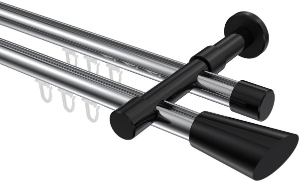 Innenlauf Gardinenstange Aluminium / Metall 20 mm Ø 2-läufig PRESTIGE - Bento Chrom / Schwarz 100 cm