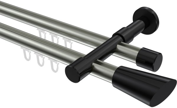 Innenlauf Gardinenstange Aluminium / Metall 20 mm Ø 2-läufig PRESTIGE - Bento Edelstahl-Optik / Schwarz 100 cm