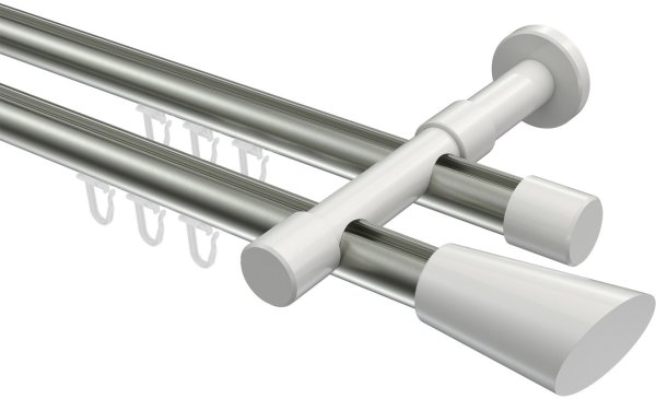 Innenlauf Gardinenstange Aluminium / Metall 20 mm Ø 2-läufig PRESTIGE - Bento Edelstahl-Optik / Weiß 100 cm