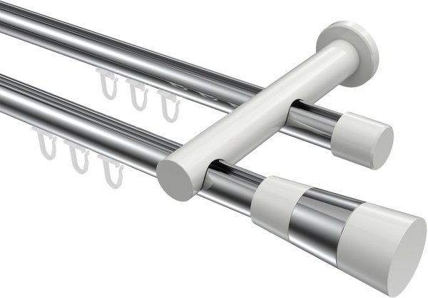 Innenlauf Gardinenstange Aluminium / Metall 20 mm Ø 2-läufig PLATON - Tanara Chrom / Weiß 100 cm