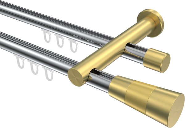 Innenlauf Gardinenstange Aluminium / Metall 20 mm Ø 2-läufig PLATON - Tanara Chrom / Messing-Optik 100 cm