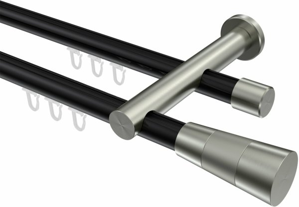 Innenlauf Gardinenstange Aluminium / Metall 20 mm Ø 2-läufig PLATON - Tanara Schwarz / Edelstahl-Optik 100 cm