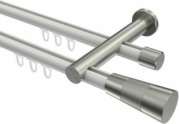 Innenlauf Gardinenstange Aluminium / Metall 20 mm Ø 2-läufig PLATON - Tanara Weiß / Edelstahl-Optik 440 cm (2 x 220 cm)