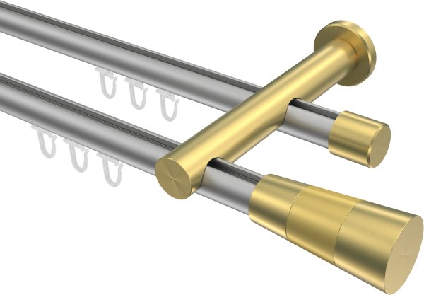 Innenlauf Gardinenstange Aluminium / Metall 20 mm Ø 2-läufig PLATON - Tanara Silbergrau / Messing-Optik 100 cm