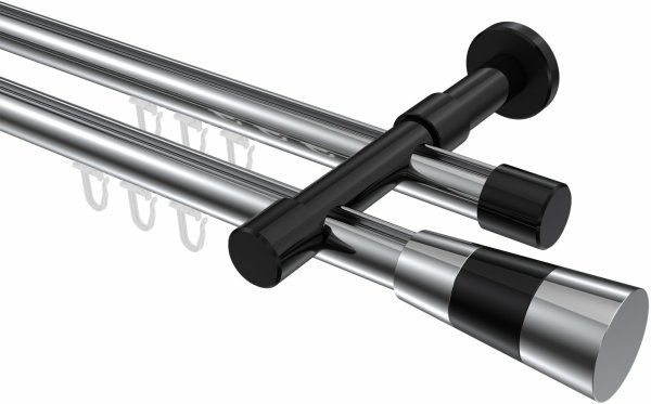 Innenlauf Gardinenstange Aluminium / Metall 20 mm Ø 2-läufig PRESTIGE - Tanara Chrom / Schwarz 100 cm