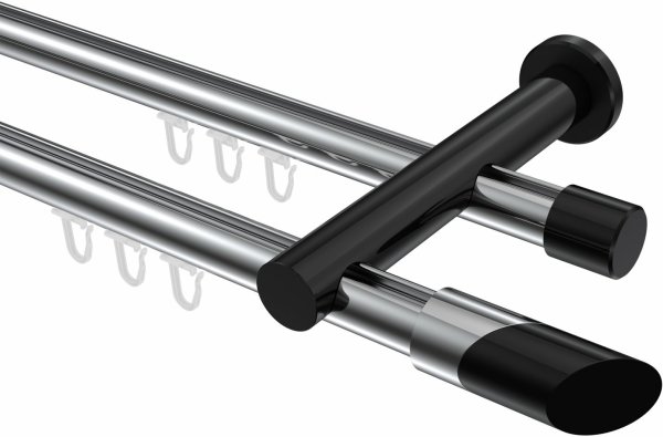 Innenlauf Gardinenstange Aluminium / Metall 20 mm Ø 2-läufig PLATON - Verano Chrom / Schwarz 100 cm