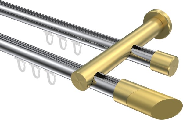 Innenlauf Gardinenstange Aluminium / Metall 20 mm Ø 2-läufig PLATON - Verano Chrom / Messing-Optik 100 cm