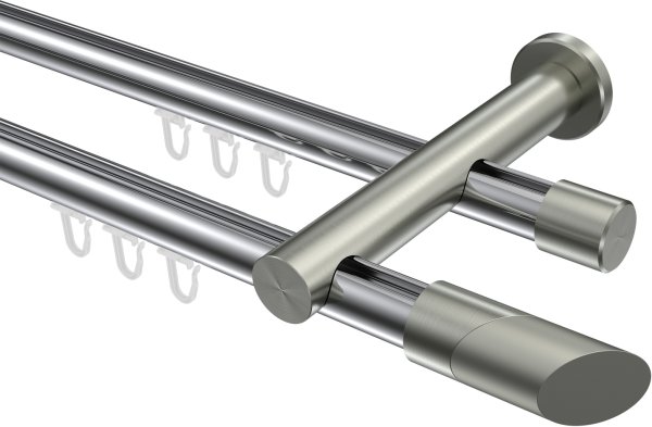 Innenlauf Gardinenstange Aluminium / Metall 20 mm Ø 2-läufig PLATON - Verano Chrom / Edelstahl-Optik 100 cm