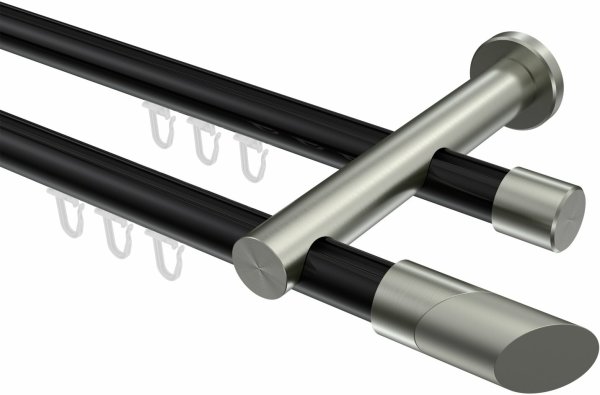 Innenlauf Gardinenstange Aluminium / Metall 20 mm Ø 2-läufig PLATON - Verano Schwarz / Edelstahl-Optik 100 cm