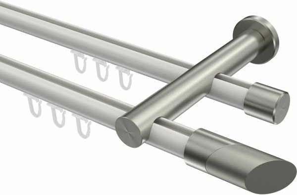 Innenlauf Gardinenstange Aluminium / Metall 20 mm Ø 2-läufig PLATON - Verano Weiß / Edelstahl-Optik 100 cm