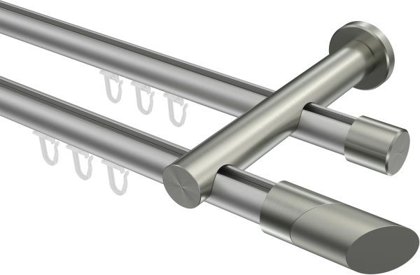 Innenlauf Gardinenstange Aluminium / Metall 20 mm Ø 2-läufig PLATON - Verano Silbergrau / Edelstahl-Optik 100 cm
