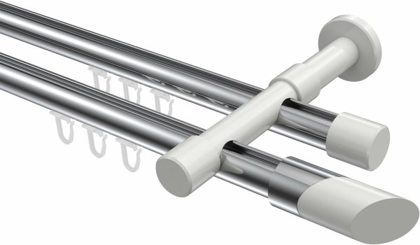 Innenlauf Gardinenstange Aluminium / Metall 20 mm Ø 2-läufig PRESTIGE - Verano Chrom / Weiß 280 cm (2 x 140 cm)