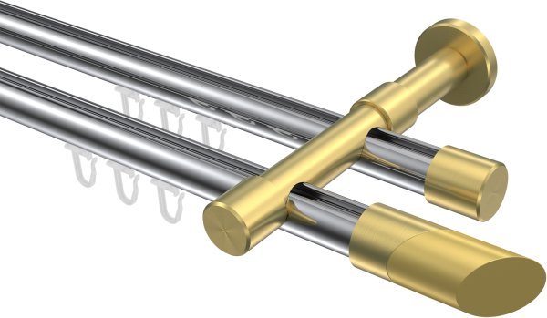 Innenlauf Gardinenstange Aluminium / Metall 20 mm Ø 2-läufig PRESTIGE - Verano Chrom / Messing-Optik 100 cm