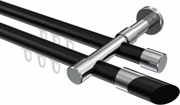 Innenlauf Gardinenstange Aluminium / Metall 20 mm Ø 2-läufig PRESTIGE - Verano Schwarz / Chrom 280 cm (2 x 140 cm)