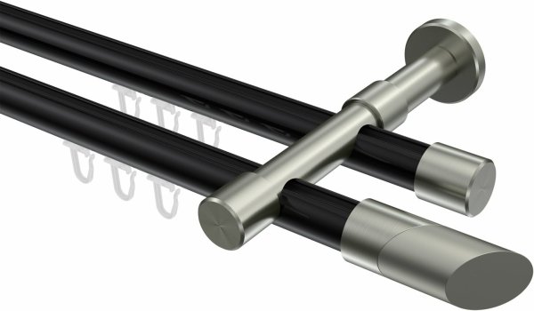 Innenlauf Gardinenstange Aluminium / Metall 20 mm Ø 2-läufig PRESTIGE - Verano Schwarz / Edelstahl-Optik 100 cm
