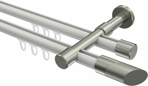 Innenlauf Gardinenstange Aluminium / Metall 20 mm Ø 2-läufig PRESTIGE - Verano Weiß / Edelstahl-Optik 100 cm