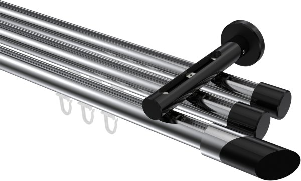 Innenlauf Gardinenstange Aluminium / Metall 20 mm Ø 3-läufig SITENO - Verano Chrom / Schwarz 100 cm