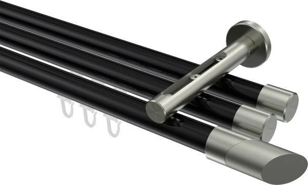 Innenlauf Gardinenstange Aluminium / Metall 20 mm Ø 3-läufig SITENO - Verano Schwarz / Edelstahl-Optik 100 cm