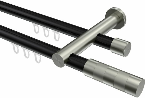Innenlauf Gardinenstange Aluminium / Metall 20 mm Ø 2-läufig PLATON - Mavell Schwarz / Edelstahl-Optik 100 cm